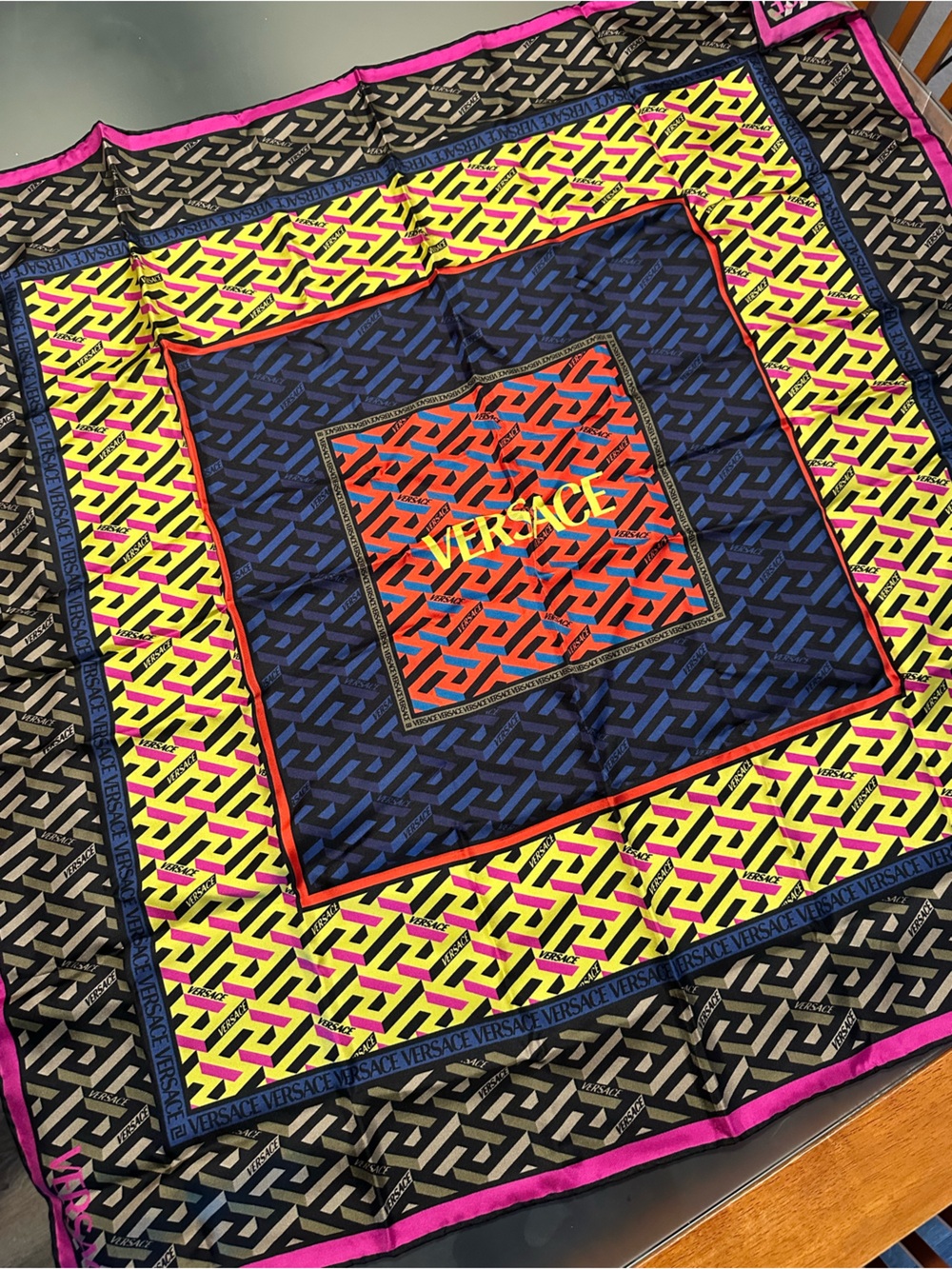 Like New! Large Versace Neon Yellow Blue Pink Geometric Silk Scarf